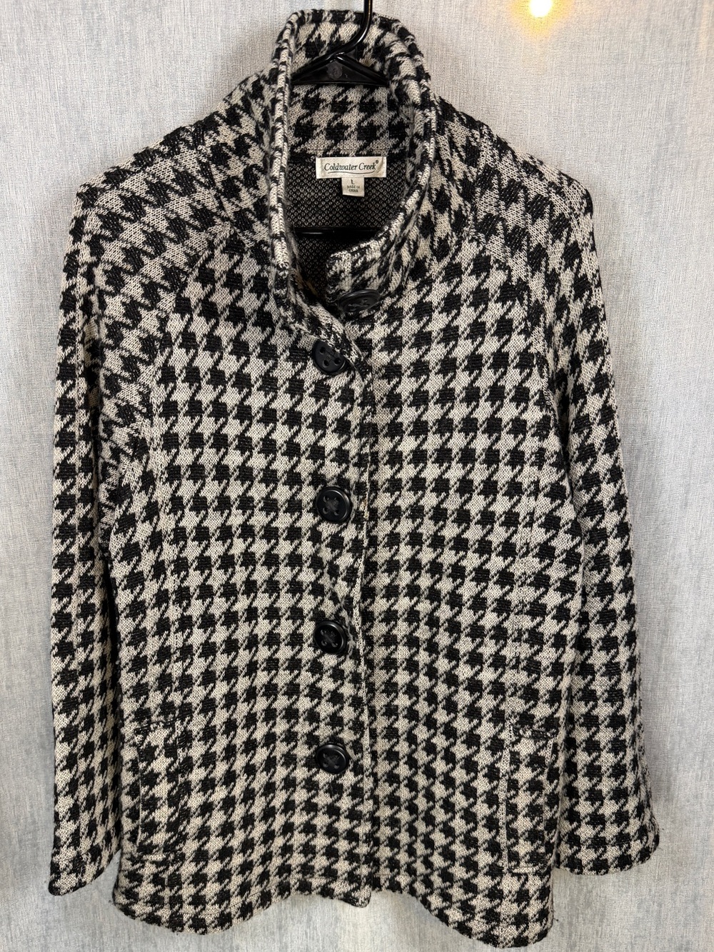 100% Wool Coldwater Creek L Houndstooth Funnel Neck Black Button Cardigan Coat
